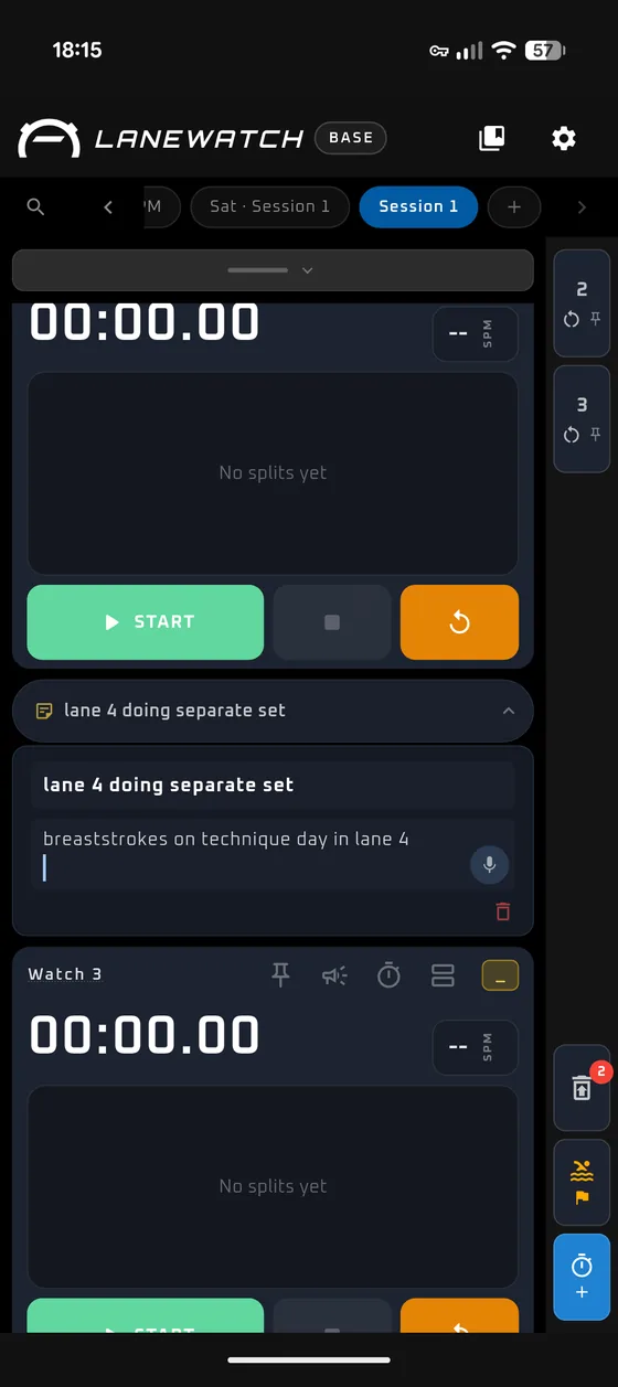 A note reading 'lane 4 doing separate set — breaststrokes on technique day in lane 4' pinned to the session above a waiting watch.